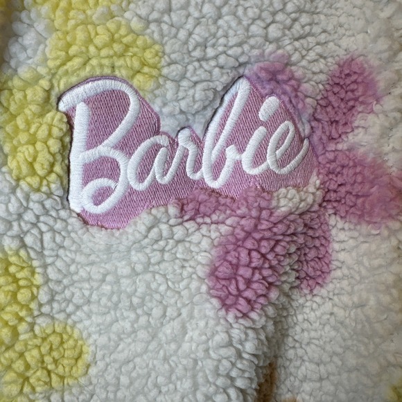 Women's Barbie Graphic Faux-Fur Hoodie Jacket - Off-White with Daisies Large - Picture 3 of 11